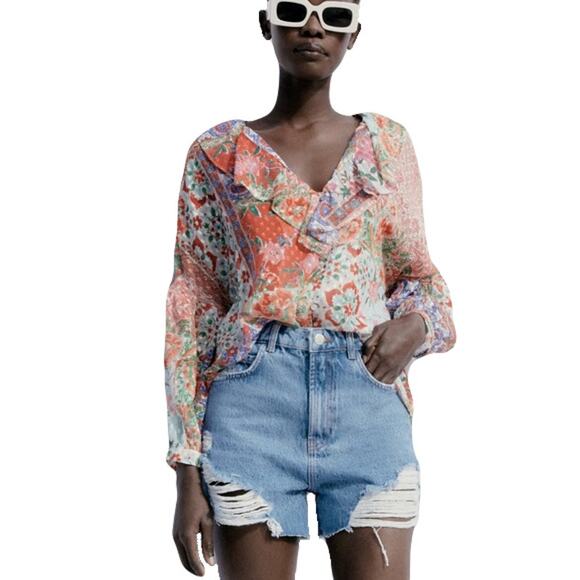 NWOT ZARA Top S Patchwork Jacquard Floral Print Chiffon Ruffle V Balloon-Long-Sl - Picture 1 of 12